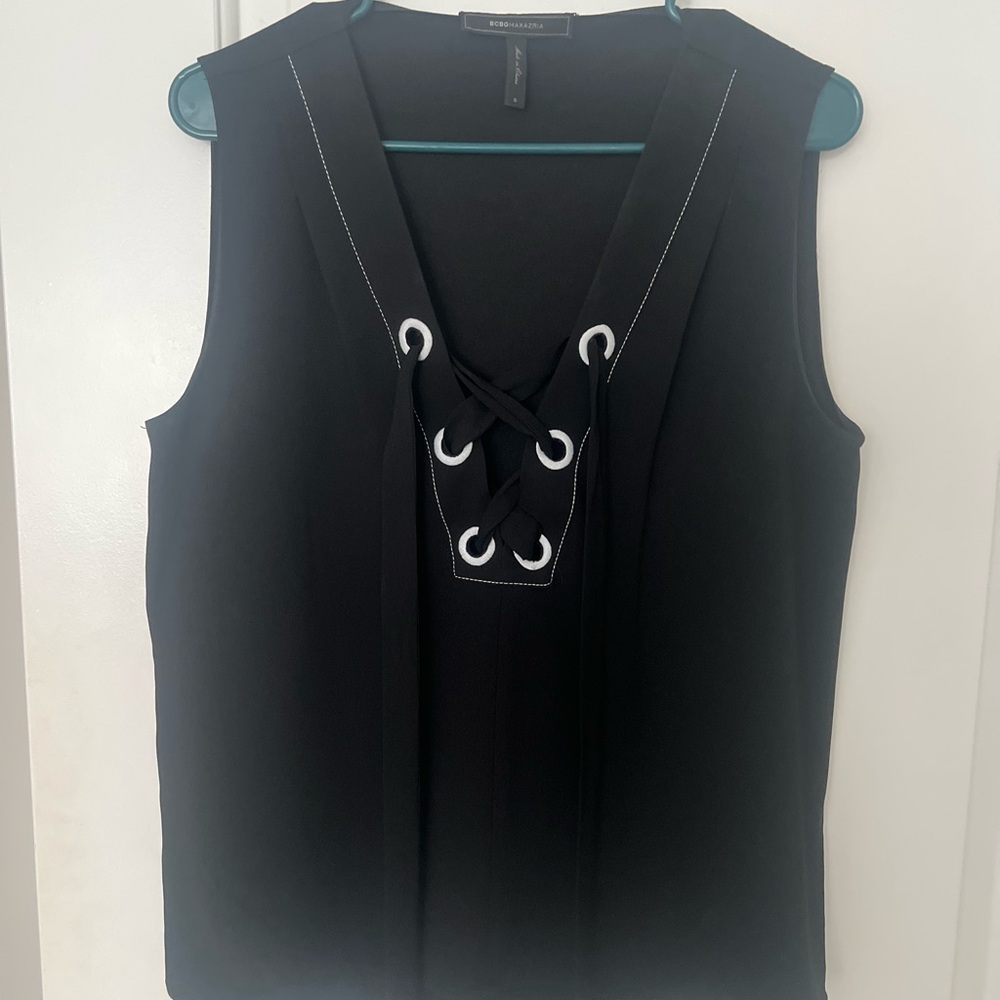 Black Sleeveless Top with Lace-Up Detail